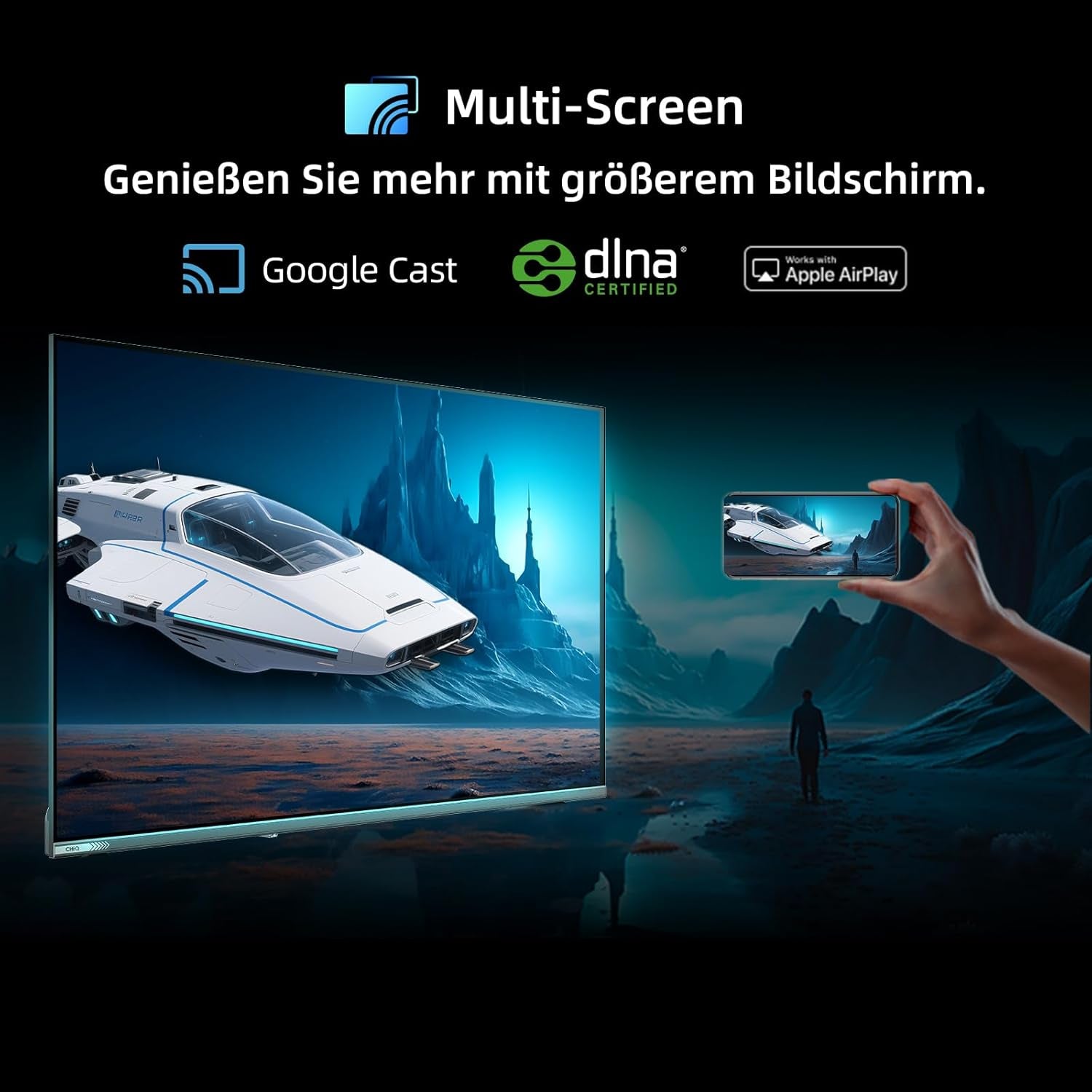 CHIQ 50QA10 Televizor inteligent QLED 4K UHD de 50 de inci cu Google, QLED Pro, DLG 120Hz, MEMC, VRR, ALLM, HDR10, Dolby Audio, 4x HDMI 2.1, gamă largă de culori, carcasă metalică fără ramă, Chromecast, Asistent Google