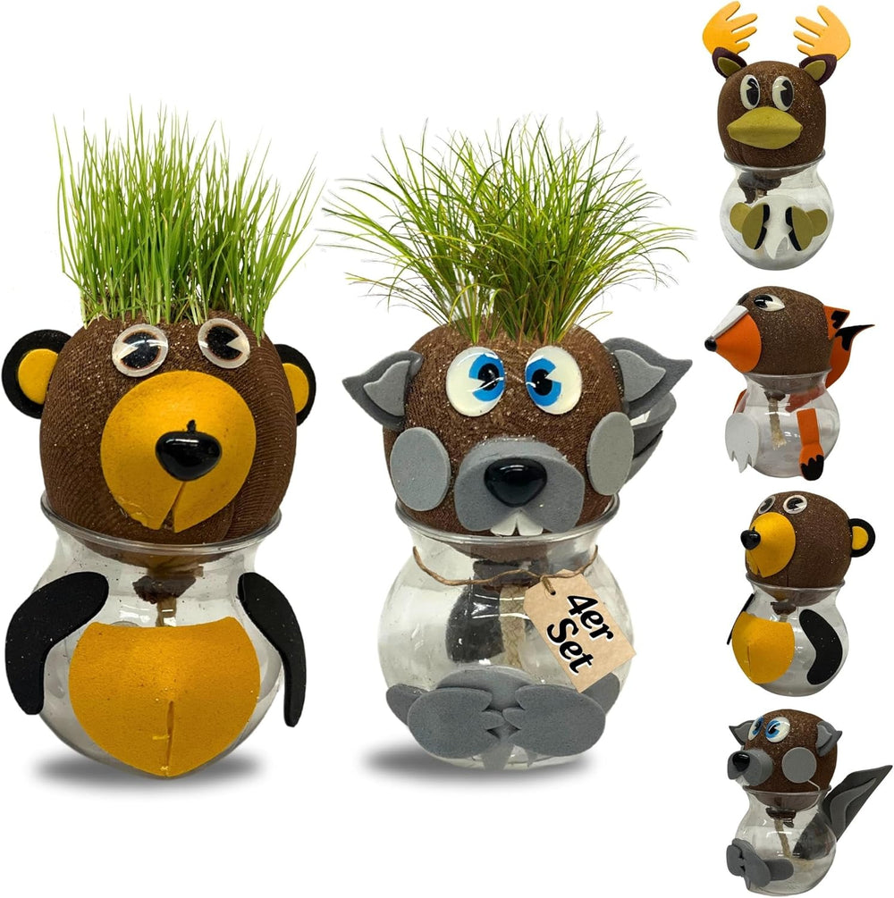 Bada Bing Graskopf 4er Set incl. Wasserbehälter Waldtiere DIY Tiere – Rasenkopf Tierkopf mit Rasensamen – Experiment für Kinder – Spaß mit Lerneffekt – Geschenk Mitbringsel Kindergeburtstag Mitgebsel