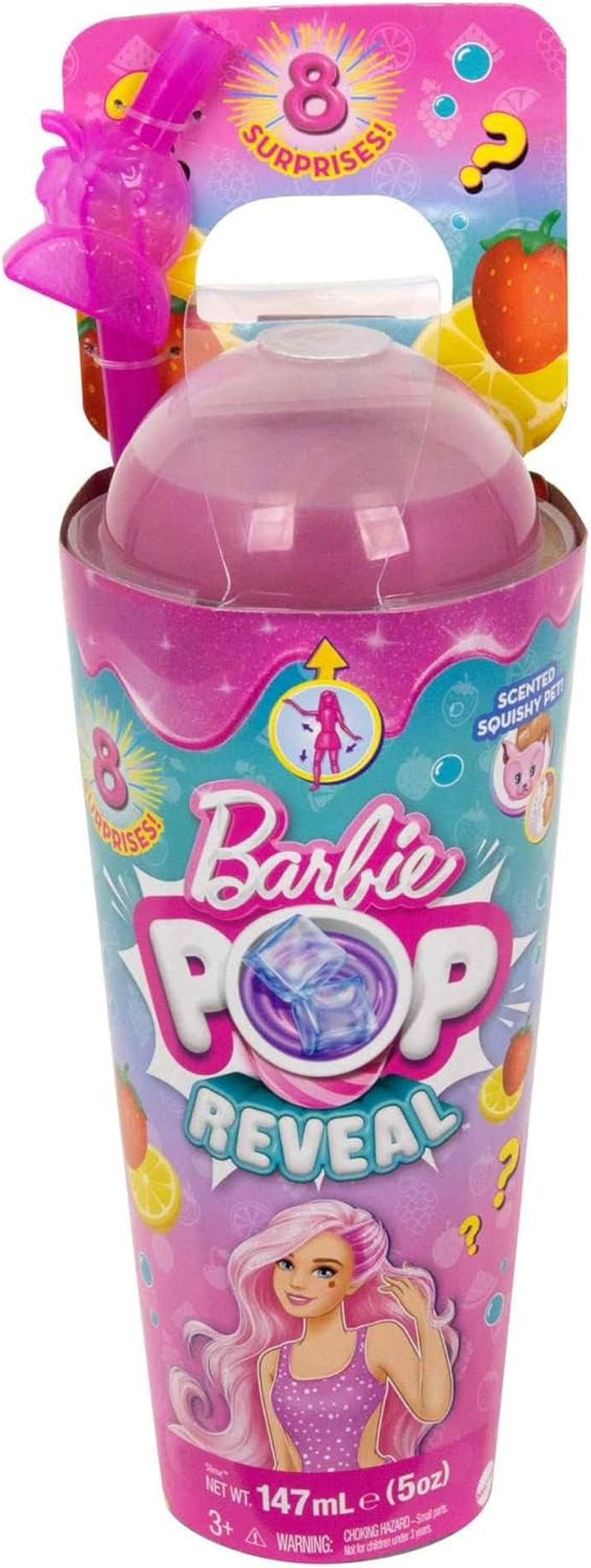 Barbie Pop Reveal Fruit - păpușă cu păr roșcat în aromă de pepene roșu, 8 surprize, fată squishy parfumată, păr și machiaj care își schimbă culoarea, pentru copii de la 3 ani, HNW43 Papusi Naty Shop