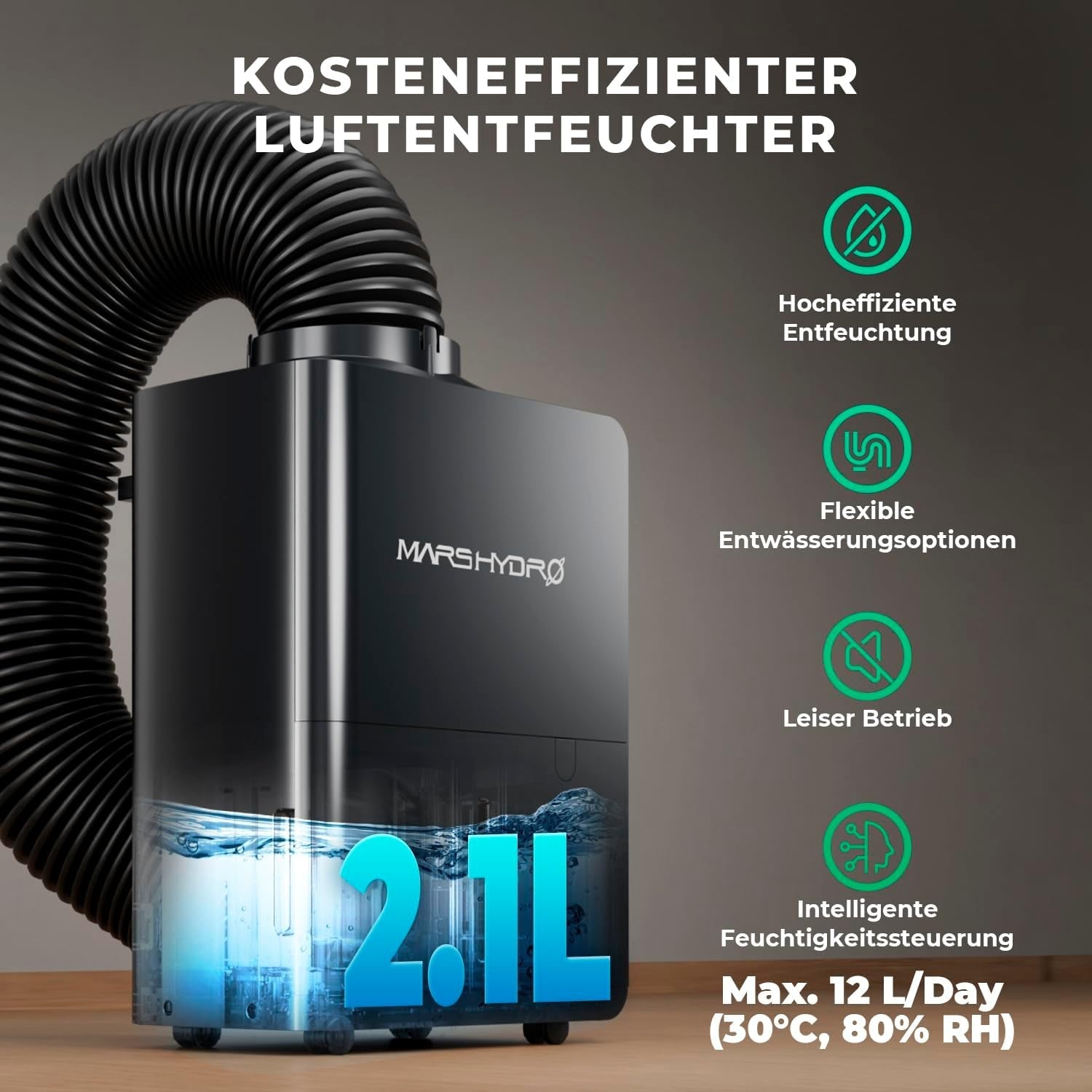 Dezumidificator MARS HYDRO, 12L/zi, Dezghețare automată, Funcție temporizator, Dezumidificator de cameră pentru corturi de creștere, subsoluri și plante, Rezervor de apă de 1,2L