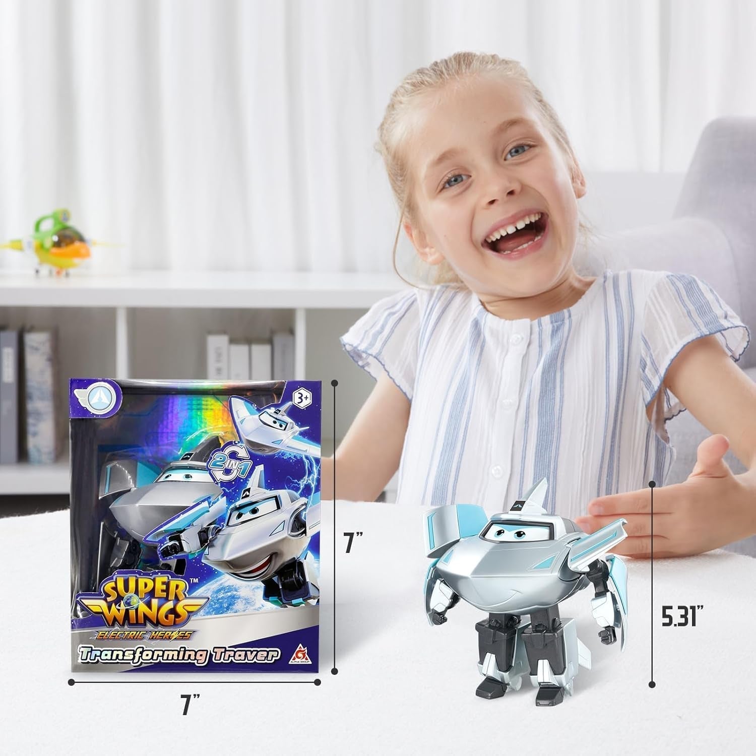 Aereo di trasformazione Super Wings Traver sovralimentato, ca. Figura di gioco per bambini grandi da 12,7 cm Figura di aeroplano e robot giocattolo per ragazzi e ragazze di età superiore a 3 anni Figure d'azione in argento Naty Shop