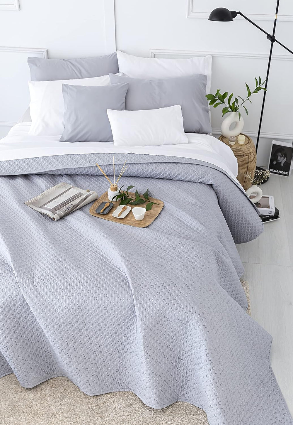 Todocama Fine Boutique copriletto con motivo piqué, per primavera, estate, autunno e inverno, 100% microfibra super morbida, coperta multifunzionale, 140/150/160-250 X 260 cm, grigio chiaro Letti e coperte Beuche den Todocama-Store