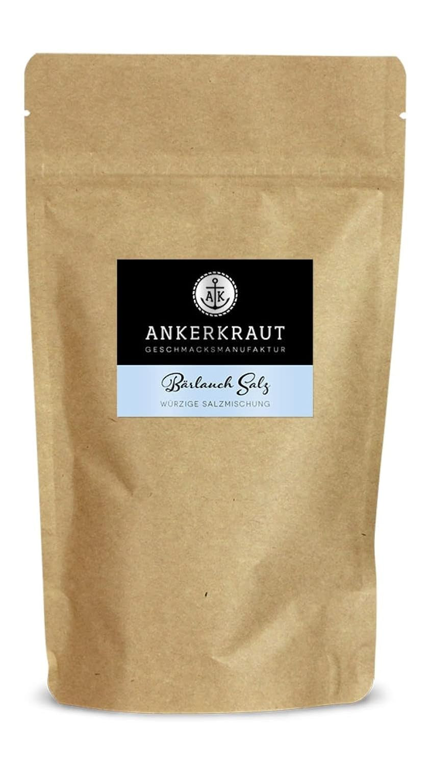 Ankerkraut Bärlauch Salz, Lecker Fleisch und Salat Verfeinern, Gesmack Aroma tipo Knoblauch, Kräuter mit Gewürz zum Kochen, 110 g im Corkenglas