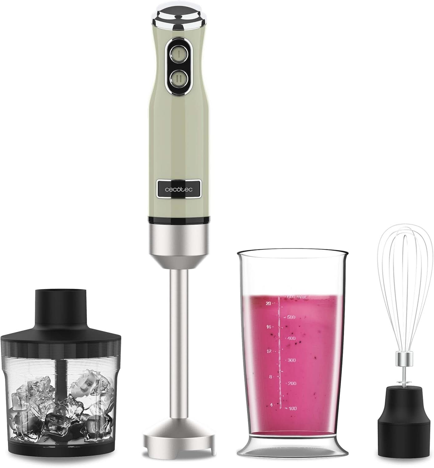 Cecotec Stabmixer Power Retrogreen 1200MAX Cream&Crush, Maximalleistung 1200 W, Tecnologia Crossblades, 2 velocità, Zubehörset Spülmaschinenfest, Spritzschutzhaube Kitchen Naty Shop