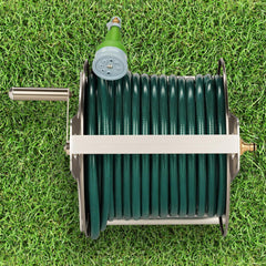 Relaxdays Rolă metalică pentru furtun, înfășurare furtun goală, oțel inoxidabil și aluminiu, montare pe podea și perete, 30,5x45x36,5 cm, argintiu