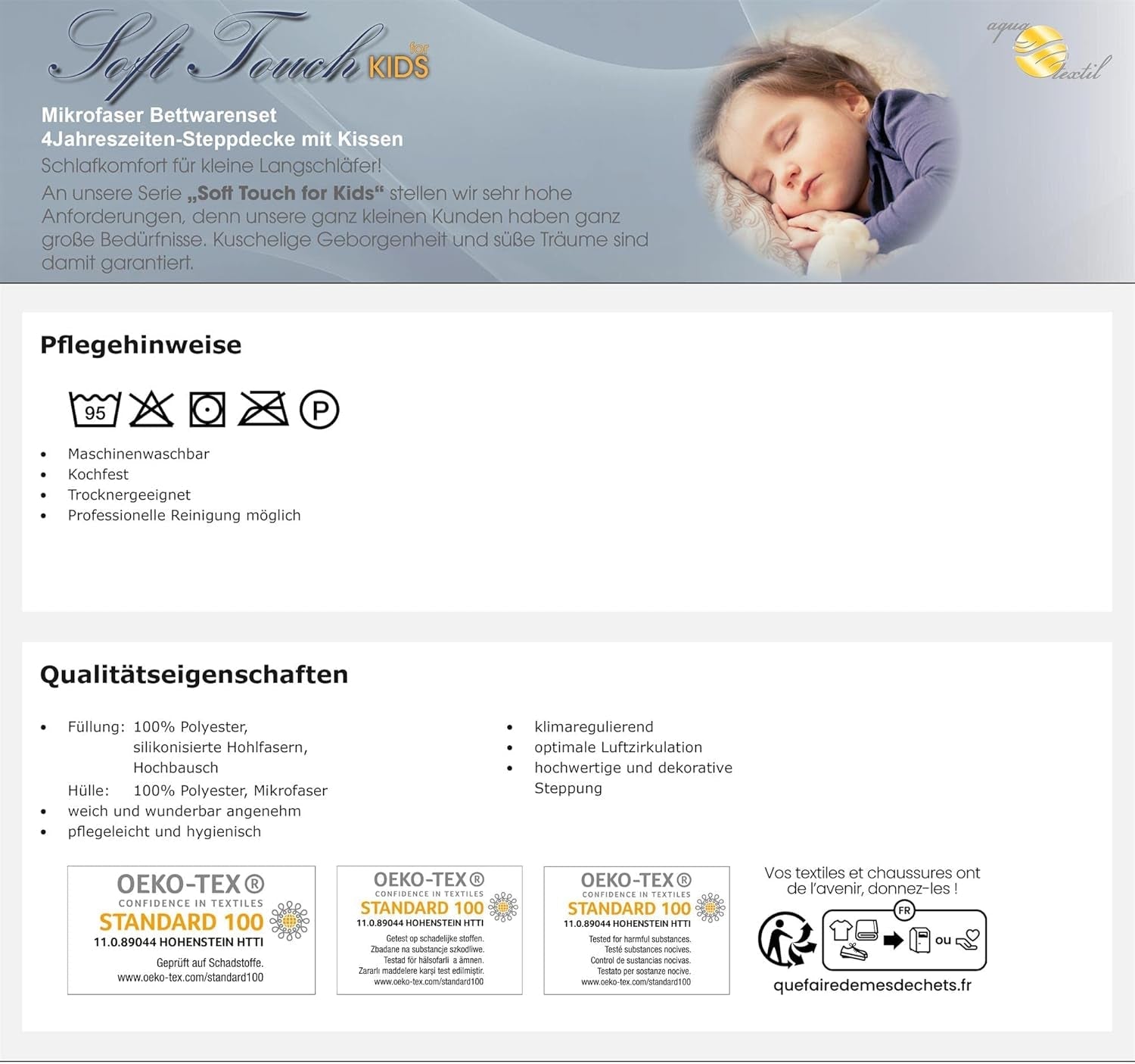 Aqua-Textil Soft Touch Set per bambini Piumino 100 X 135 Cm 250G e 350G con cuscino 40 X 60 Cm 150G Piumino 4 stagioni Termoautonomo Oeko-Tex Piumini e Trapunte Naty Shop