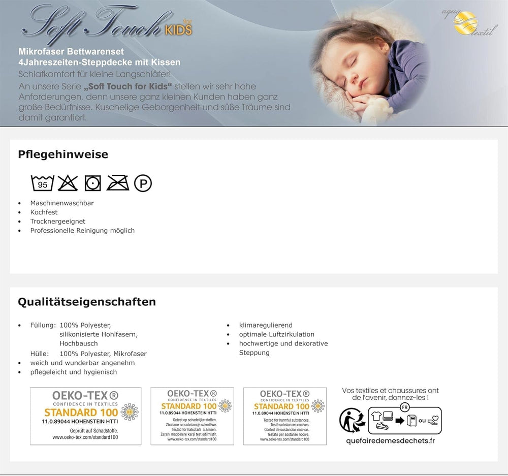 Aqua-Textil Soft Touch Set per bambini Piumino 100 X 135 Cm 250G e 350G con cuscino 40 X 60 Cm 150G Piumino 4 stagioni Termoautonomo Oeko-Tex Piumini e Trapunte Naty Shop