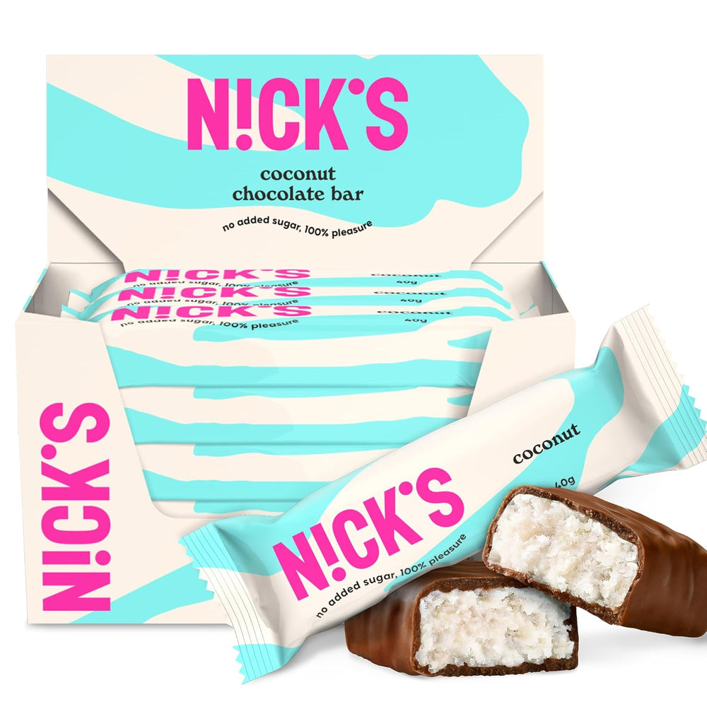 NICKS Keto barrette al cocco, snack al cioccolato e cocco, 175 calorie, 2 carboidrati netti, senza zuccheri aggiunti, senza glutine, dolci a basso contenuto di carboidrati (15 x 40 g)