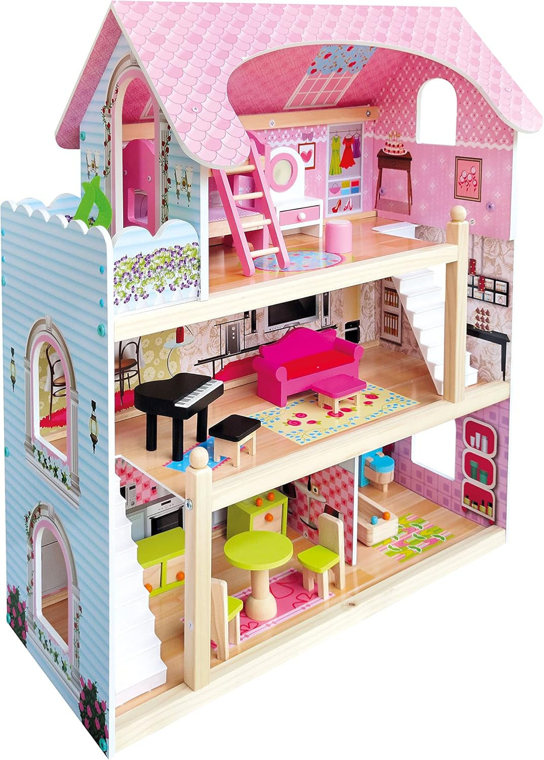 Bino World of Toys Casă de păpuși cu balcon, Jucărie pentru copii mici de la 3 ani, cu 3 etaje, scări, 4 camere și balcon incl. 15-TLG. Accesorii, Pentru a promova abilitățile copiilor, Design roz Casute de papusi Naty Shop