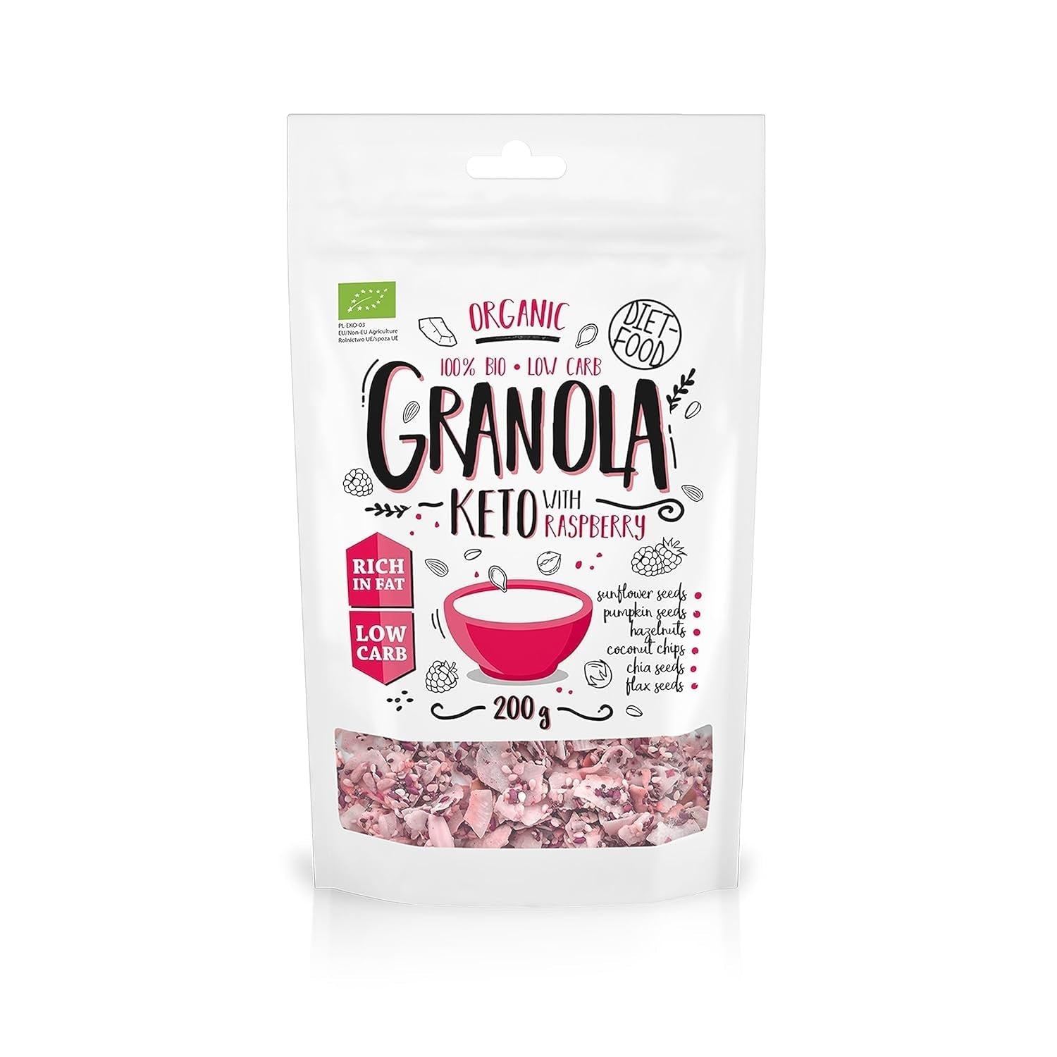 DIET-FOOD Keto Granola Mit Himbeere Low Carb Und Fettarm Glutenfreies Granola Frühstücksmüsli Non-Gmo Snack Ohne Zuckerzusatz 200G 1Er Pack Cereale Naty Shop 200 G (1Er Pack) Bio Keto Granola Raspberry