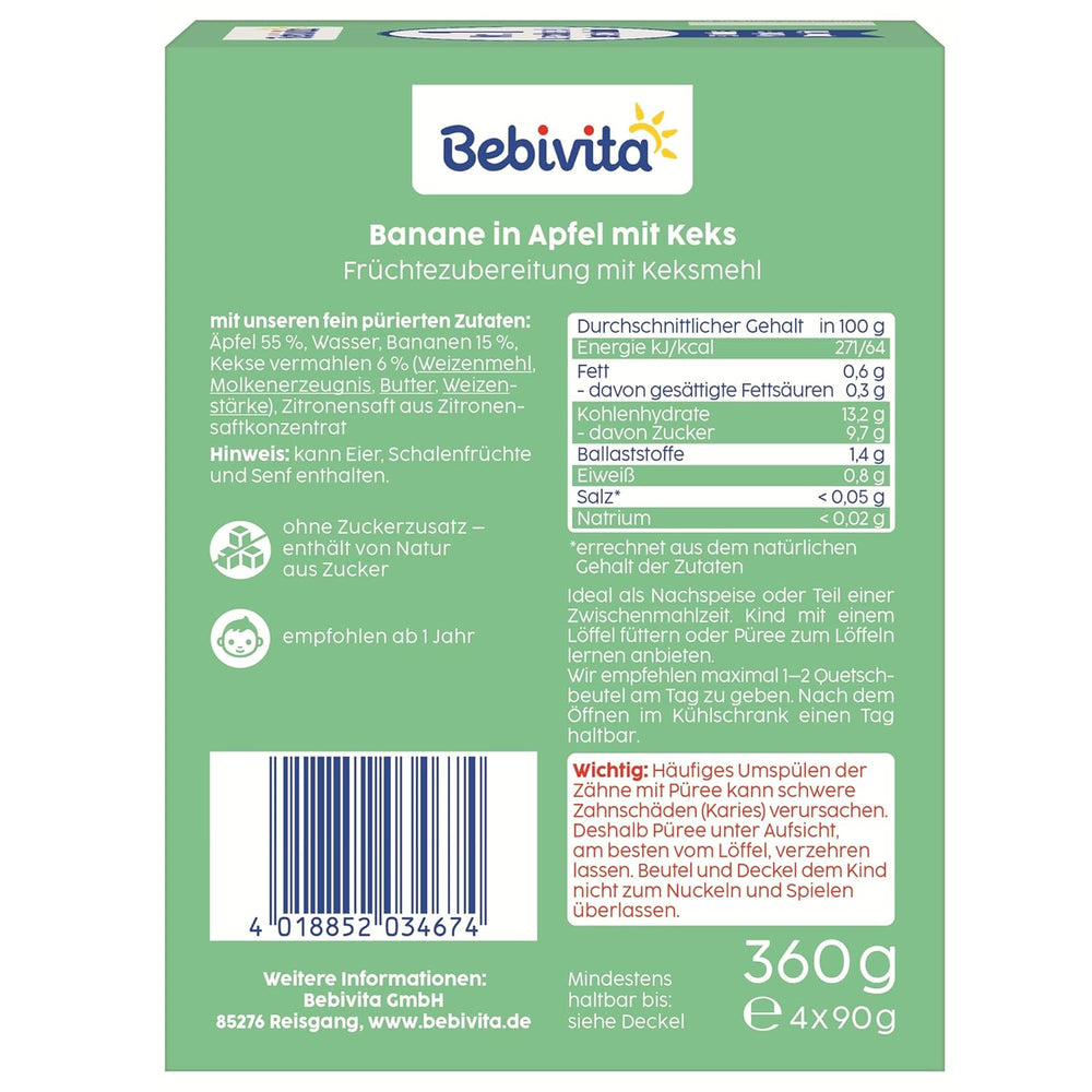 Banana in mela con involucro di biscotti - 16 pezzi (4 confezioni, 4 x 90 g ciascuna), senza zuccheri aggiunti, a base di frutta delicata e cereali integrali, ideali per snack da asporto e da viaggio