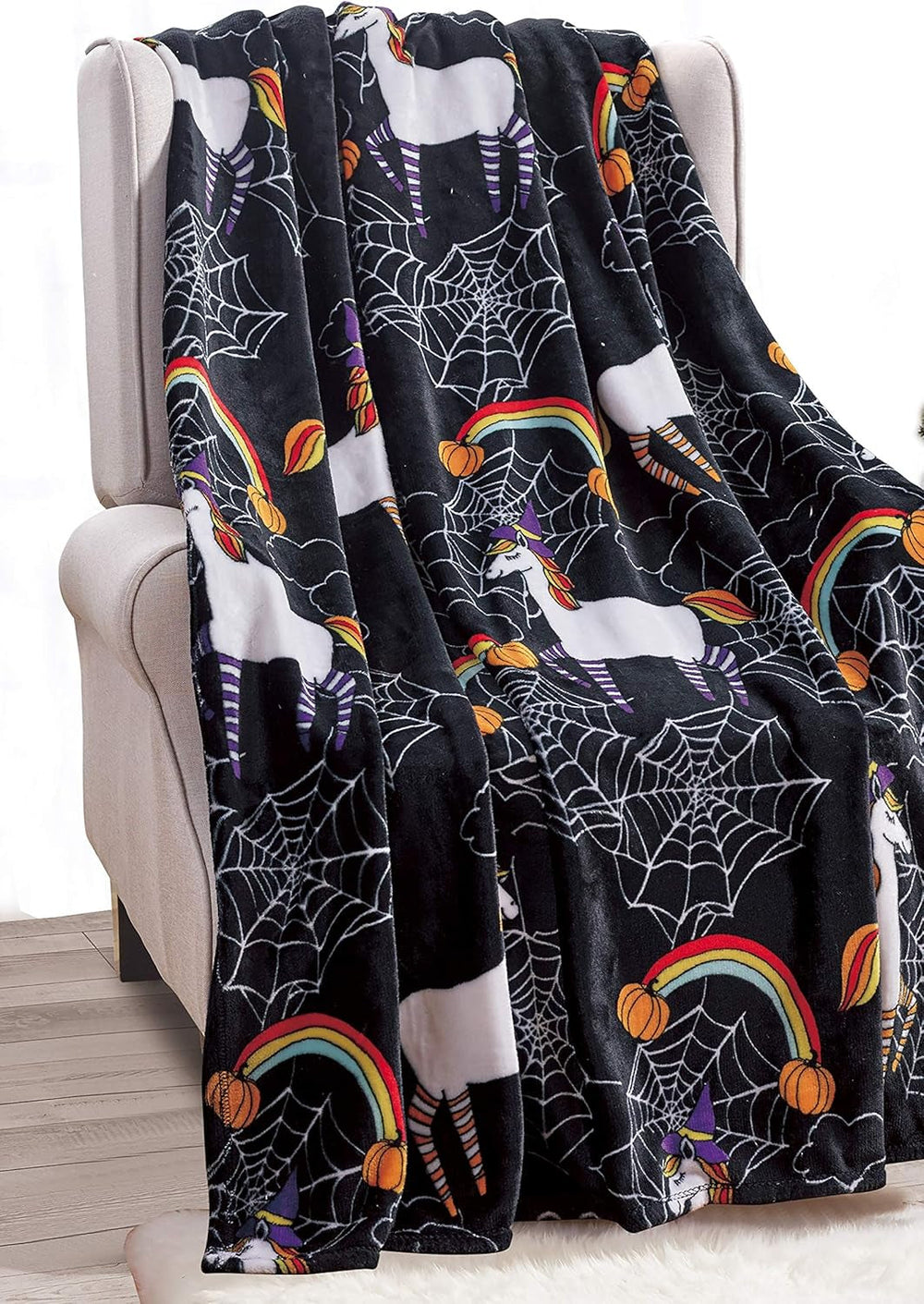 Coperta a tema Halloween leggera, elegante e confortevole, morbida, accogliente e felpata, perfetta per rilassarsi in questa stagione spettrale, 127 x 152,4 cm, letti e coperte con teschio e ossa. Unicorno nero elegante e confortevole 50 x 60 cm.