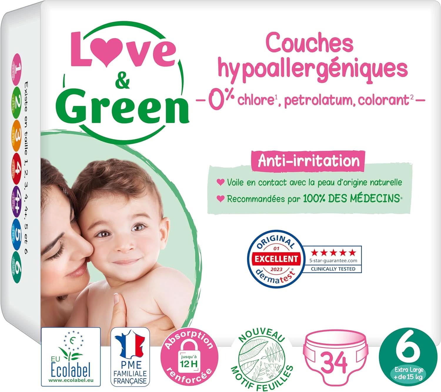 Love & Green, Pannolini per neonati, ipoallergenici, taglia 6 (34 unità) Mamma e Bambino Naty Shop