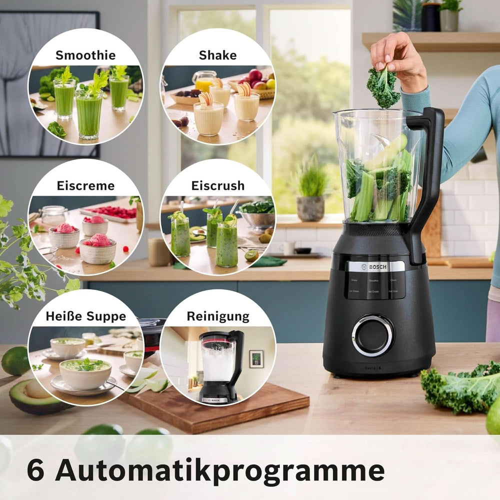 Robot da cucina ad alta velocità Vitapower Serie 6 MMBD665B1, 45.000 giri/min, 6 programmi Inkl Heiße Suppe & Reinigung, 2 L Mixbehälter, Stopfer, Spülmaschinenfeste Teile, Made in Europe, 1800W, Schwarz Kitchen Naty Shop