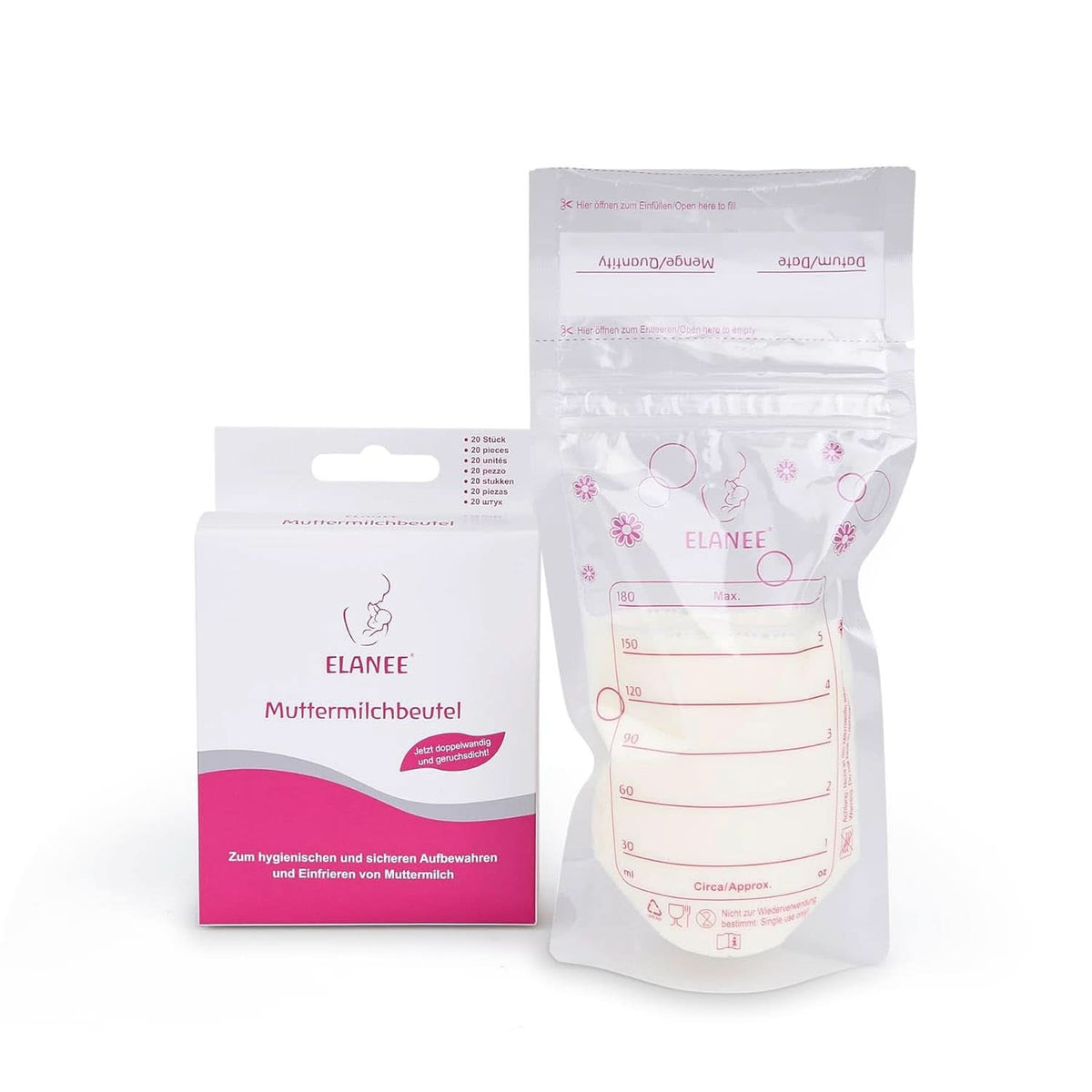 ELANEE Muttermilchbeutel, Aufbewahren & Einfrieren Von Muttermilch, Geschmackneutral Und Vorsterilisiert, Doppelter Sicherheitsverschluss, 20 Stück, Mit Standfuß (711-00) Accessori per alimenti per bambini e allattamento Naty Shop
