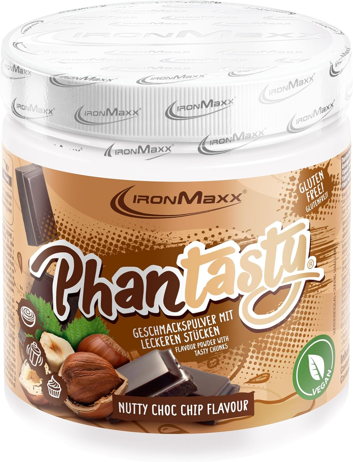 Ironmaxx Phantasty - Dose cremosa alla pesca 250G | Vegan Geschmackspulver Mit Echten Frucht- Oder Nussstückchen | Dolcificanti Perfekter Zuckerersatz Naty Shop 250 G (confezione 1Er) Chips di cioccolato alla nocciola