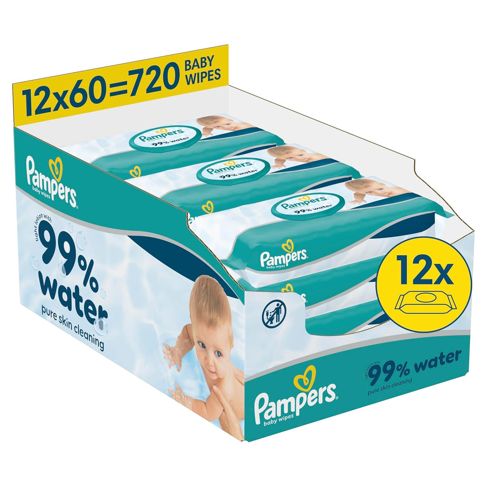 Salviette per neonati Pampers 99% acqua, 12 confezioni da 60 salviette ciascuna = 720 salviette per neonati, lozione leggera 99% acqua