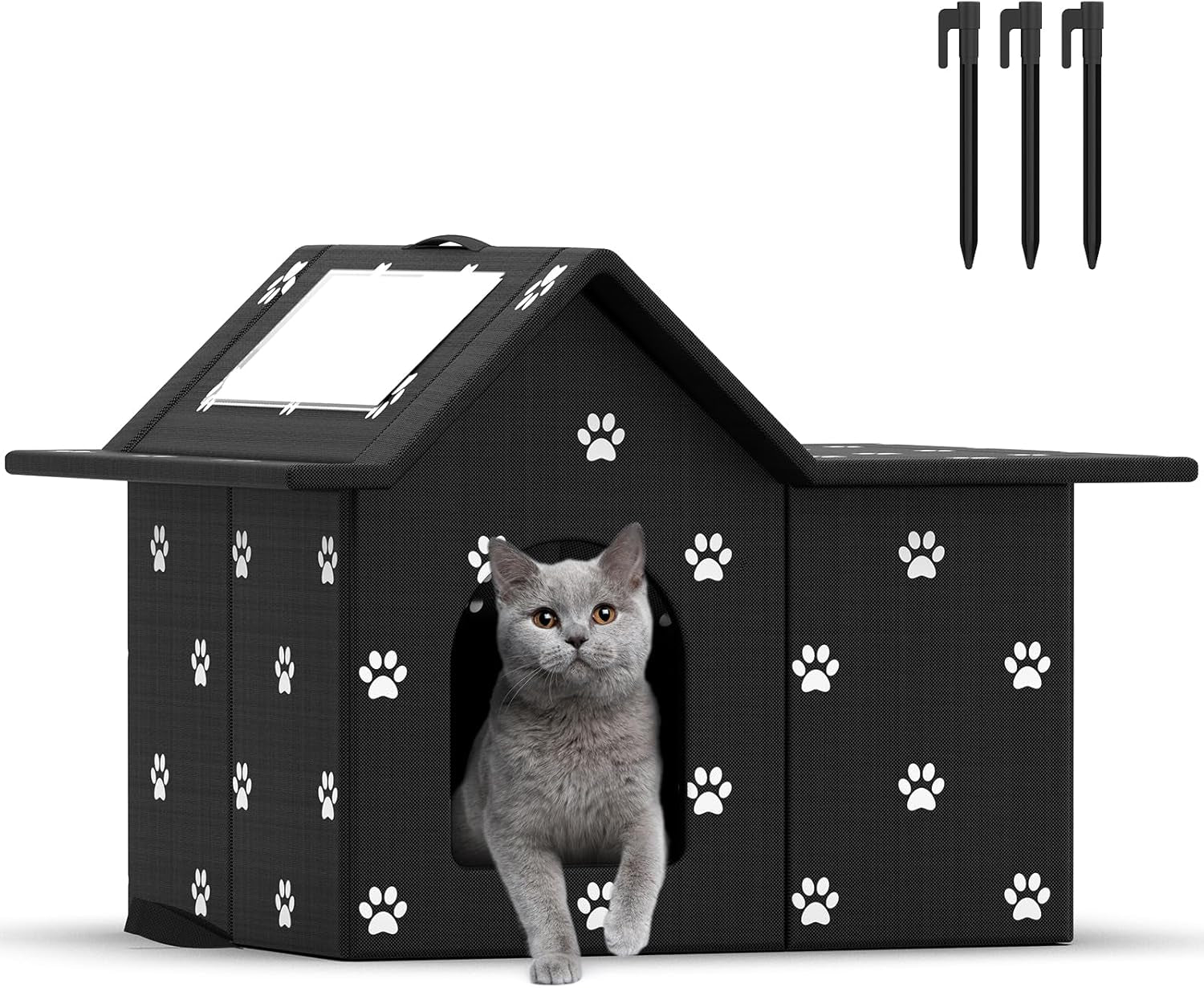 Katzenhaus Für Draußen Winterfest, Haus für verwilderte Katzen mit abnehmbaren Kissen, Winterschutz für Haustiere mit Türvorhängen, einfach zu montieren