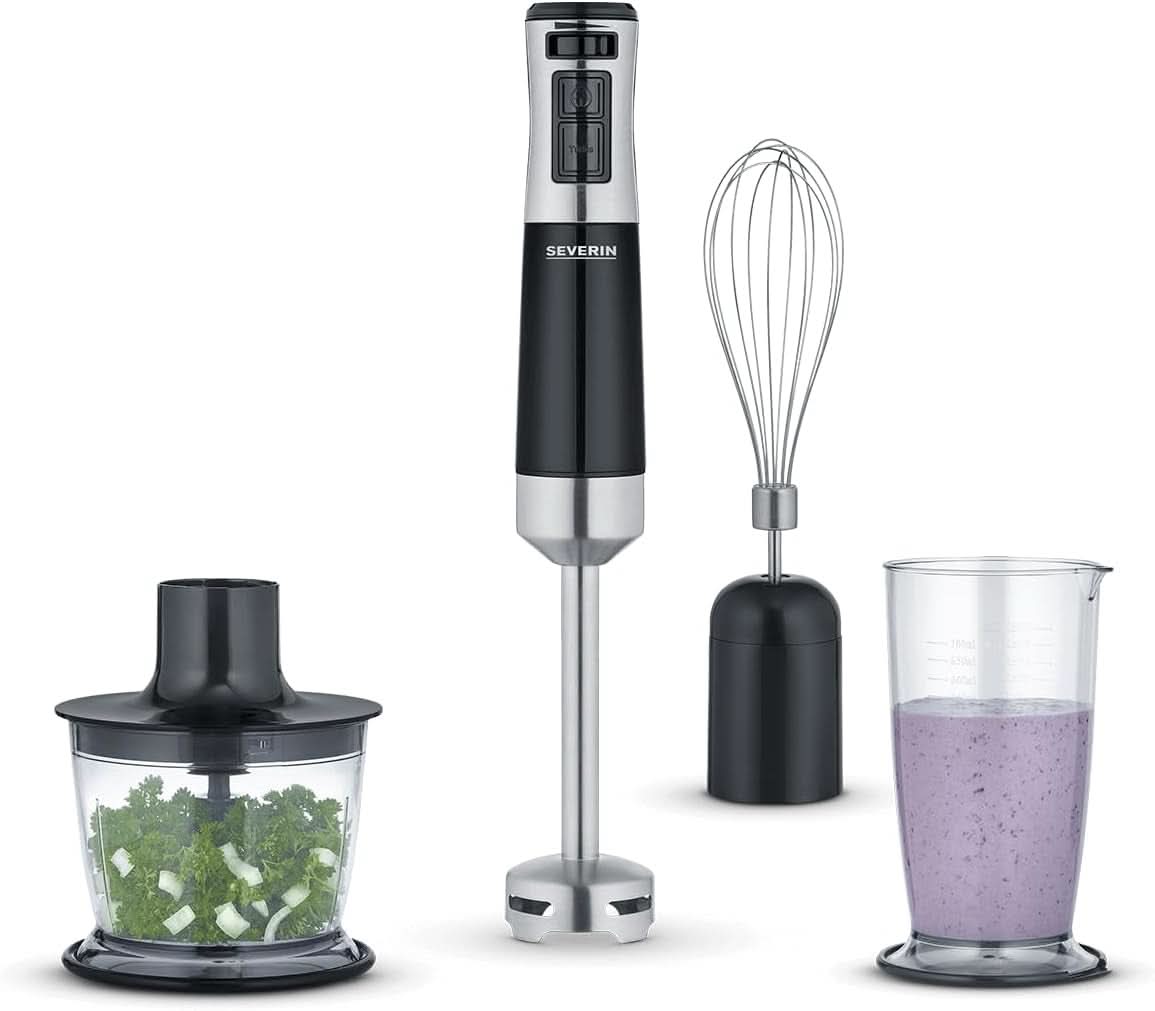 SEVERIN Kabelloser Stabmixer Mit Premium-Set, Abnehmbarer Mixstab, Mit Pürierstab, Multizerkleinerer, Mixbehälter, Kartoffelstampfer & Schneebesen, Schwarz/Edelstahl-Gebürstet, SM 3775 Mother and Child Naty Shop 600 W Inkl. Zubehör-Set