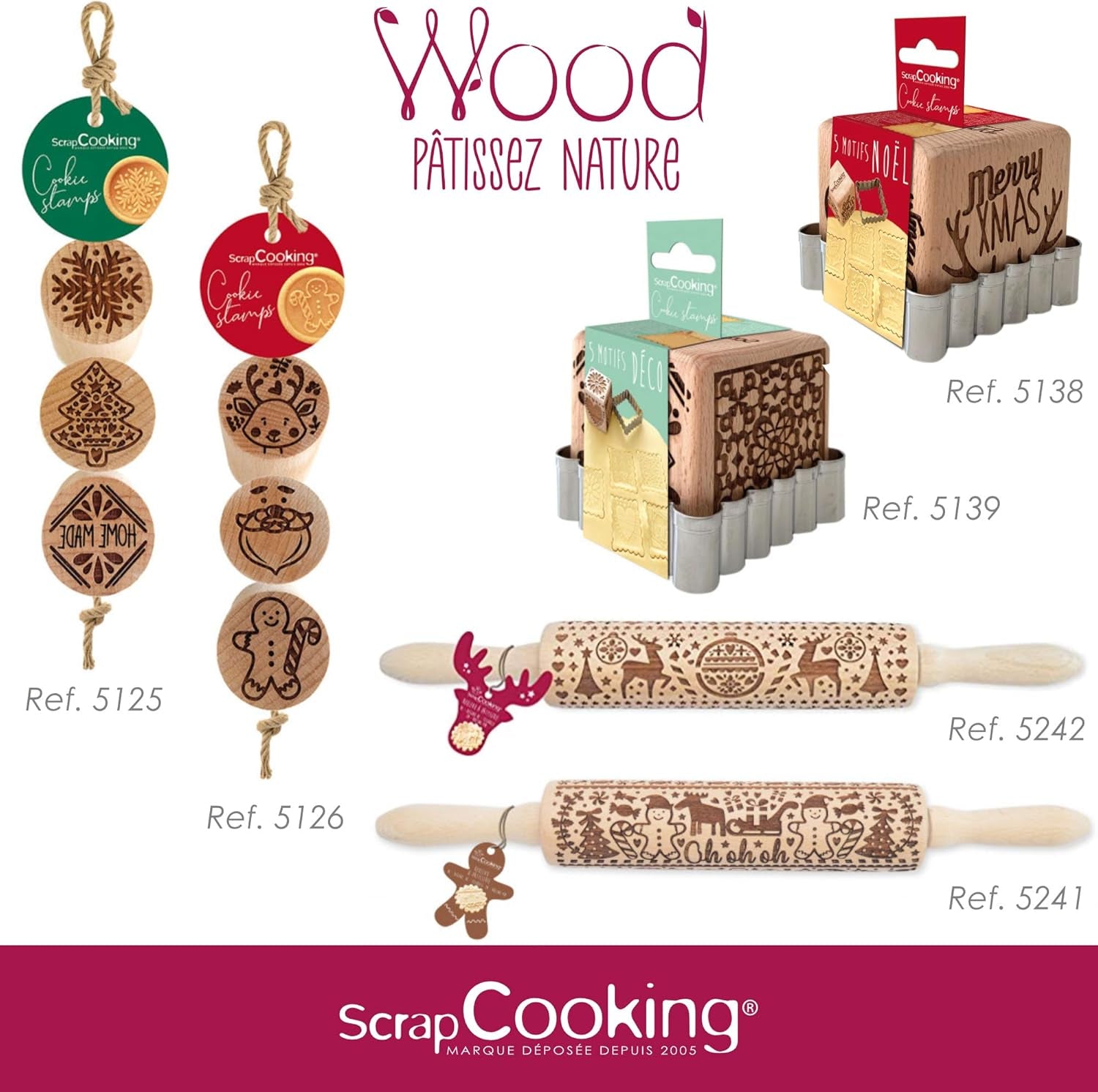 Scrap Cooking Teigrolle aus Holz "Xmas" mit weihnachtlichen Motiven – Prägerolle mit gepfragten Verzierungen für Kekse – Decorativo Zubehör – 5242