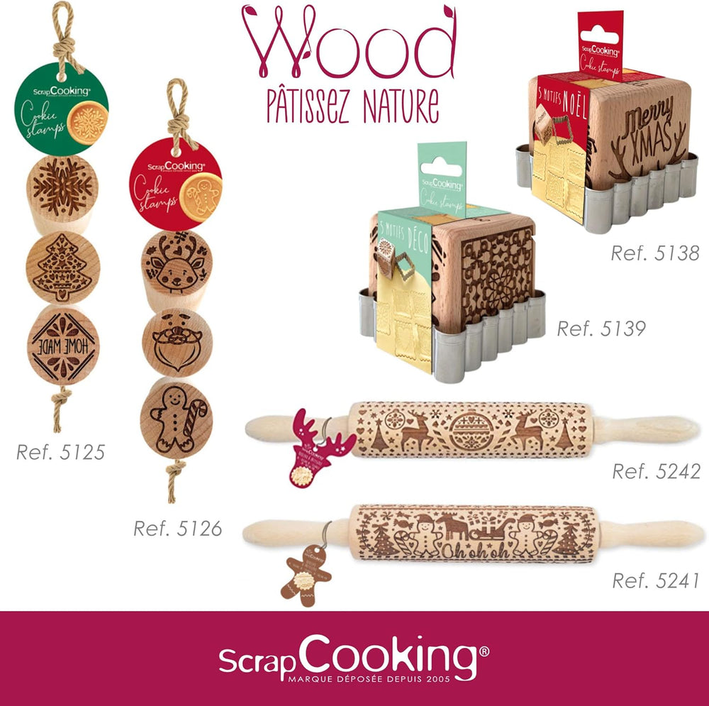 Scrap Cooking Teigrolle aus Holz "Xmas" mit weihnachtlichen Motiven – Prägerolle mit gepfragten Verzierungen für Kekse – Decorativo Zubehör – 5242