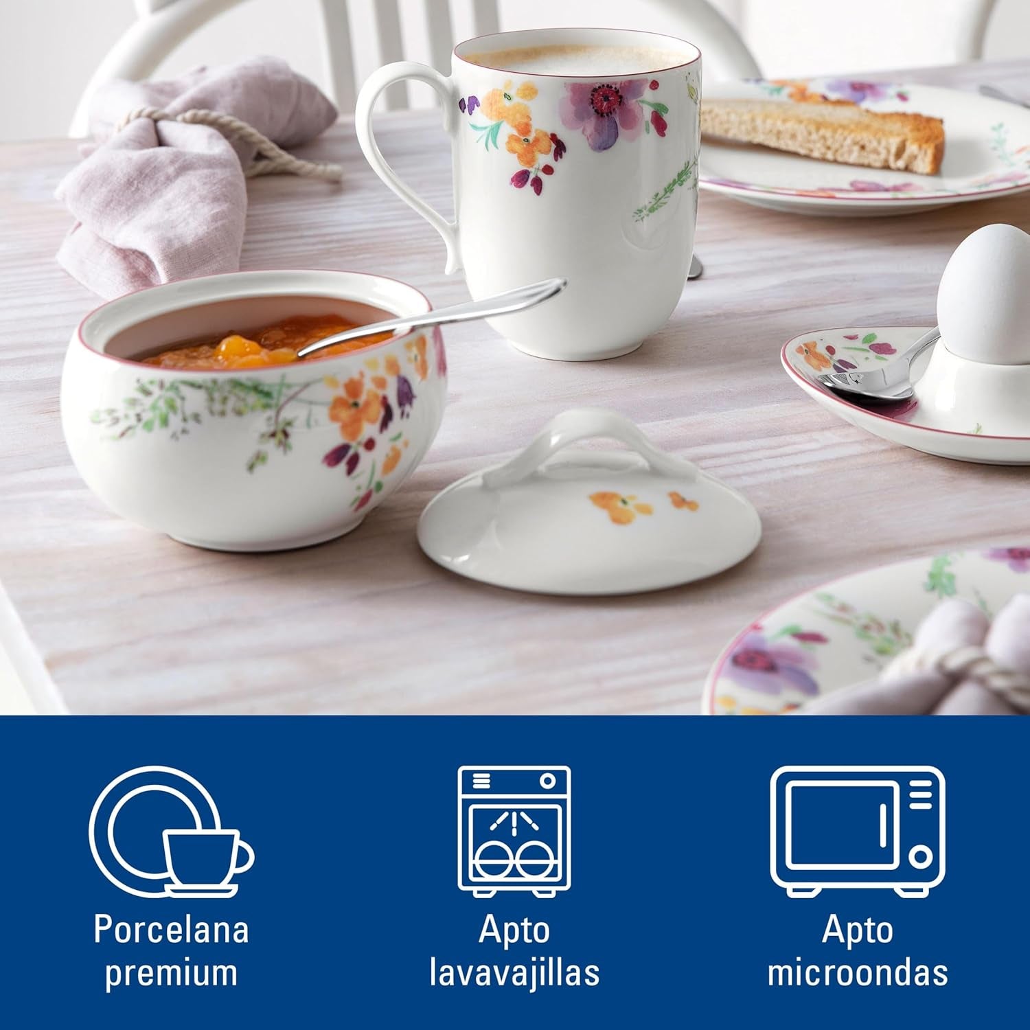 Villeroy & Boch - Zahărniță Mariefleur, Culori Asortate, Se poate spăla în mașina de spălat vase, Se poate pune în cuptorul cu microunde, Zahărniță cu Capac, Recipient pentru zahăr, Depozitare, Accesoriu pentru cafea, Veselă florală, Porțelan Premium