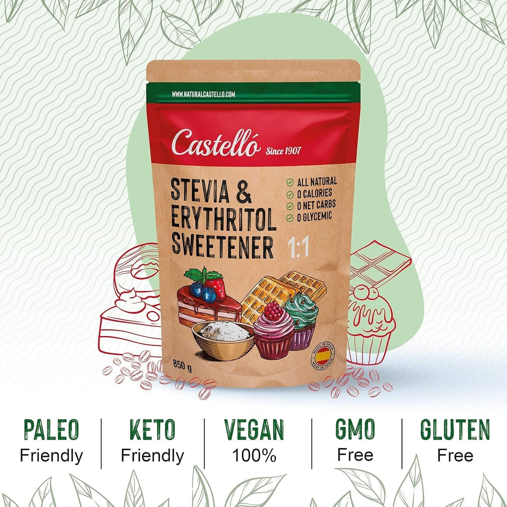 Stevia + eritritolo 1:1 sostanza nutriente | 1G = 1GZucker | 100% Natürlicher Zuckerersatz - 0 Kalorien - 0 Glykämischer Index - Keto Und Paleo - 0 Netto-Kohlenhydrated - Kein GVO - Castello since 1907-850 G Dolcificanti Naty Shop