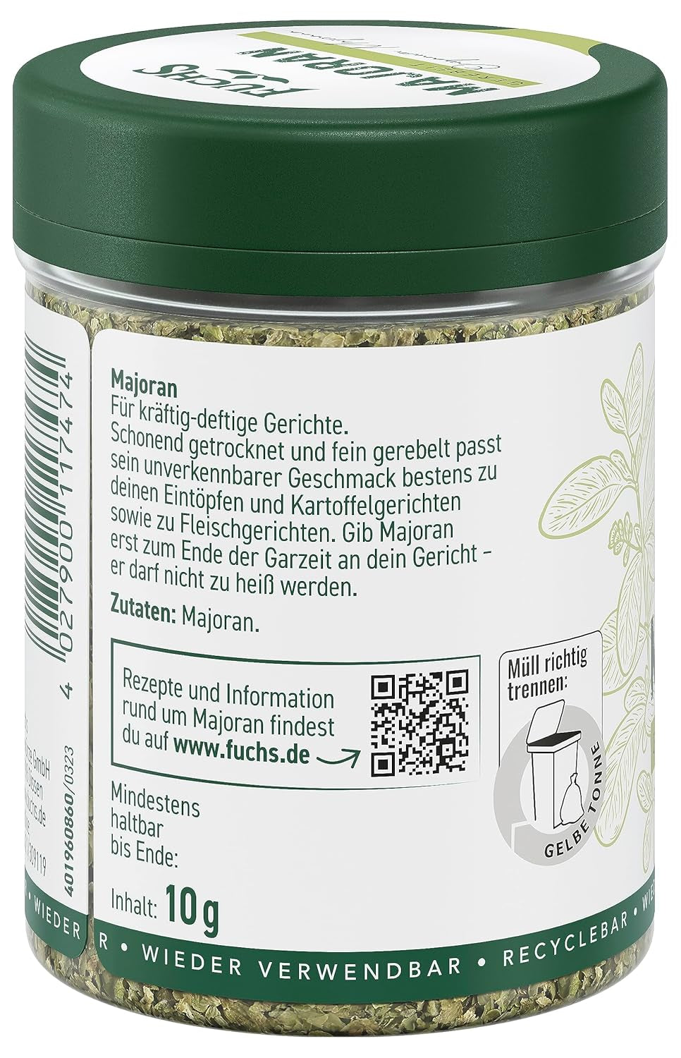 Fuchs Gewürze - Maggiorana gerebelt - zum Würzen von Kartoffelgerichten, Fleischgerichten oder Eintöpfen - ingredienti naturali - 10 g in wiederverwendbarer, recyclebarer Dose