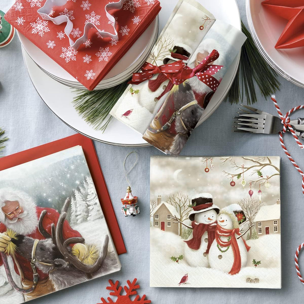 PAW - Șervețele 3 straturi (33 X 33 Cm) I 20 bucăți I Șervețele de hârtie colorate perfecte pentru masa de Crăciun I Șervețele - Crăciun, iarnă, stele, zăpadă, oameni de zăpadă I Familia Snowy