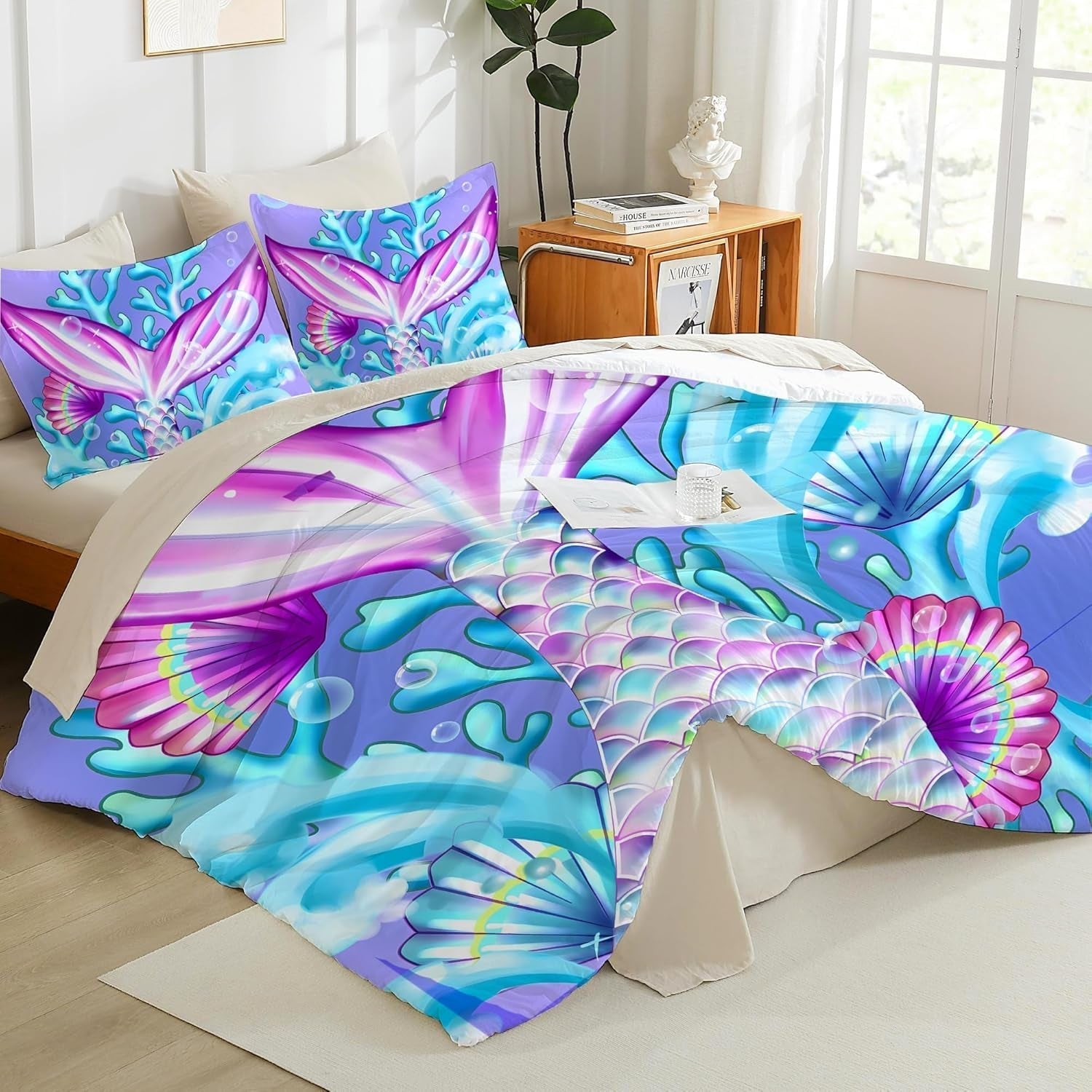 Lenjerie de pat pentru copii, diverse marimi si diverse personaje animate Lenjerie de pat - copii Naty Shop Sirenă (model 2) 135X200Cm+80X80Cm