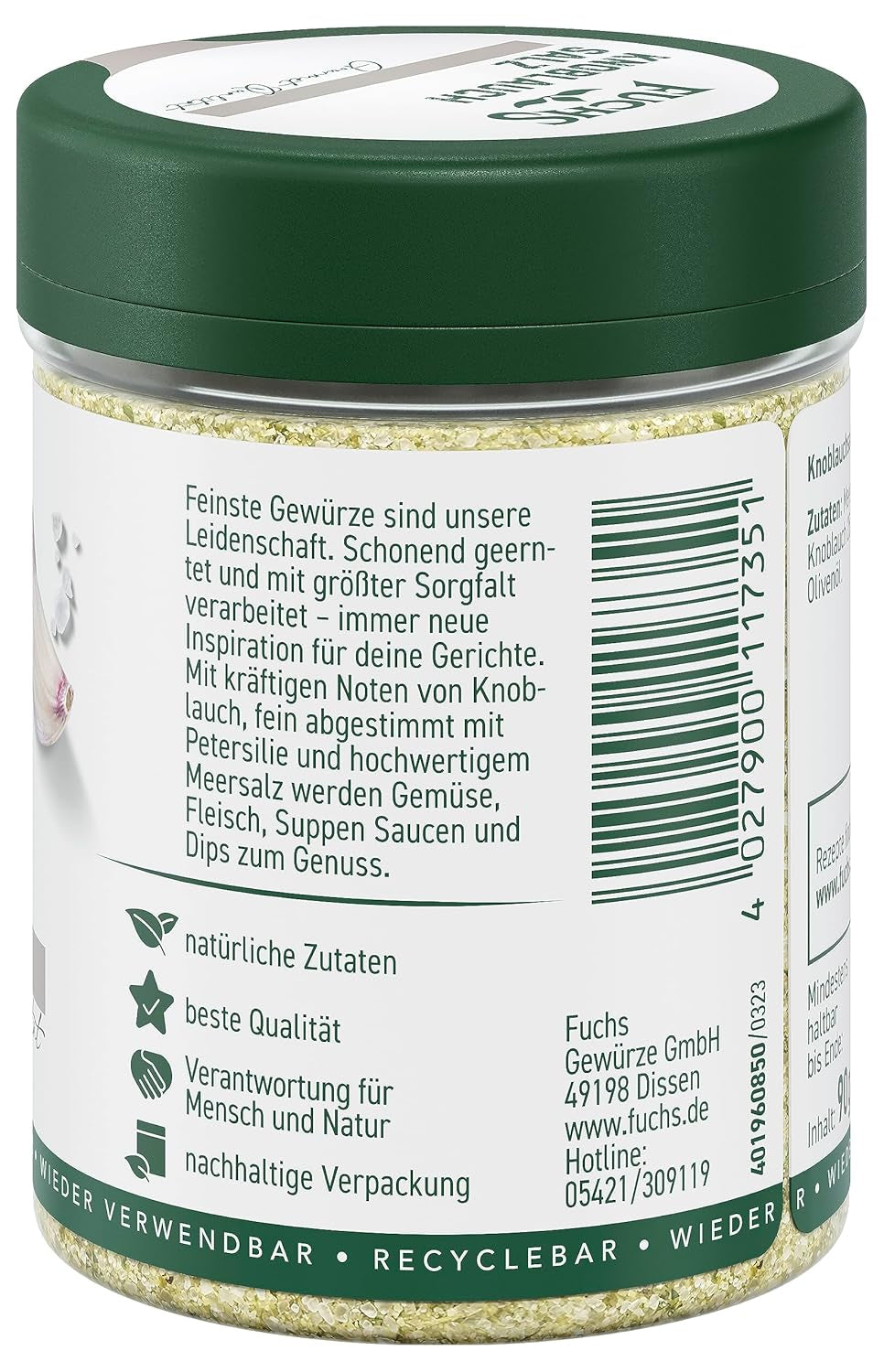 Fuchs Gewürze - Knoblauchsalz - Gewürzsalz für Dips, Saucen und Gemüse - ingredienti naturali - 90 g in wiederverwendbarer, recyclebarer Dose