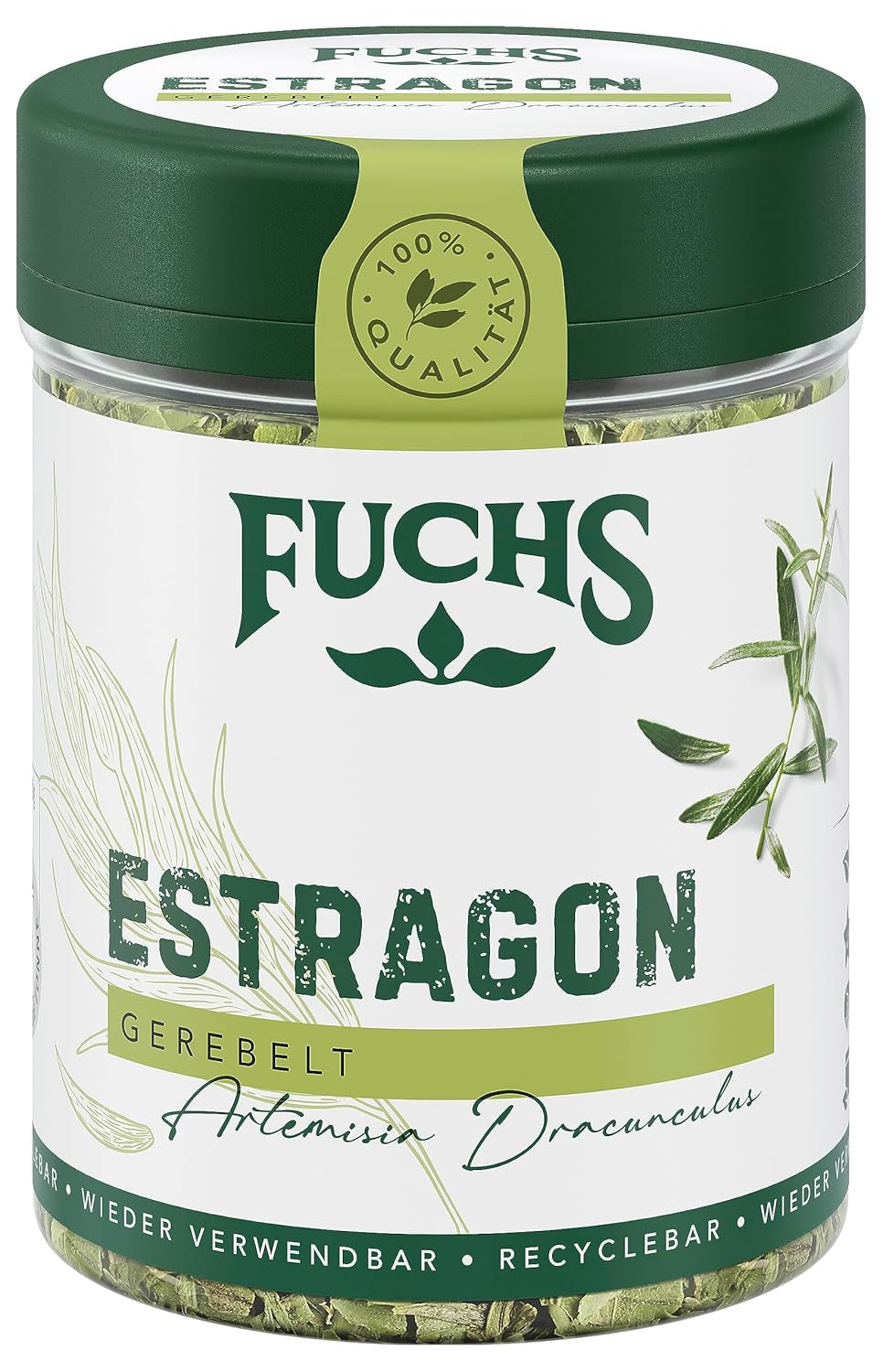 Fuchs Gewürze - Estragon gerebelt - französisches Kraut zur Verfeinerung von Saladen, Sauce Hollandaise oder Rührei - ingredienti naturali - 10 g in wiederverwendbarer, recyclebarer Dose