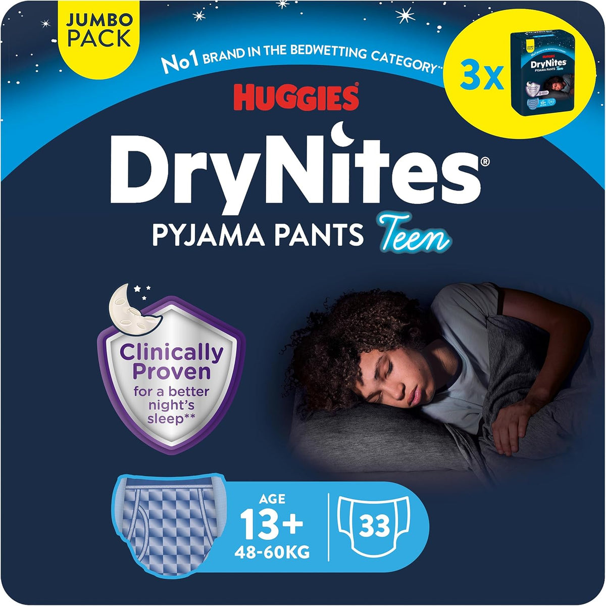 Huggies DryNites Pannolini per pipì notturna, Ragazzi 13-17 anni circa (48-60 kg), 33 pezzi (3x11), confezione mensile Jumbo, slip XL