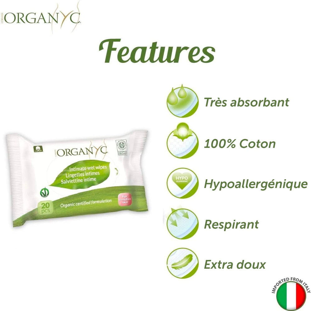 Salviette intime Organyc Moist, realizzate in cotone organico certificato al 100% - 4 confezioni da 20 salviette (80 salviette in totale)