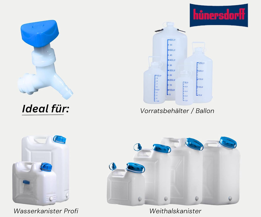 Hünersdorff | Supapă unghiulară | Colțară | Pentru canistre cu filet lățime de 22 mm | Racord furtun 13 mm sau 1/2" | Natural/albastru