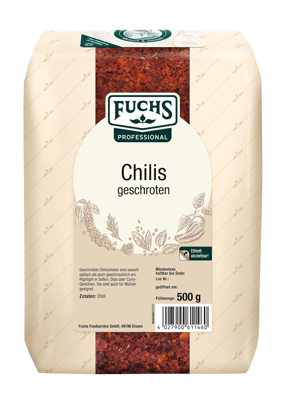 Fuchs Professional - Chilis geschoten | Verleiht Chili con Carne die richtige Schärfe | Qualità professionale per grossi verbi | Sacco riciclabile da 0,7 kg
