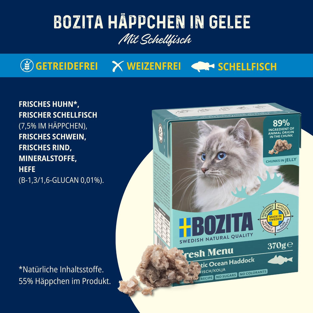 Hrană umedă Bozita Tetra cu eglefin în jeleu – 6 x 370 g hrană pentru pisici fără cereale, fără zahăr adăugat și fără OMG – echilibrată, delicioasă, cu 7,5% proteine și 5% grăsimi
