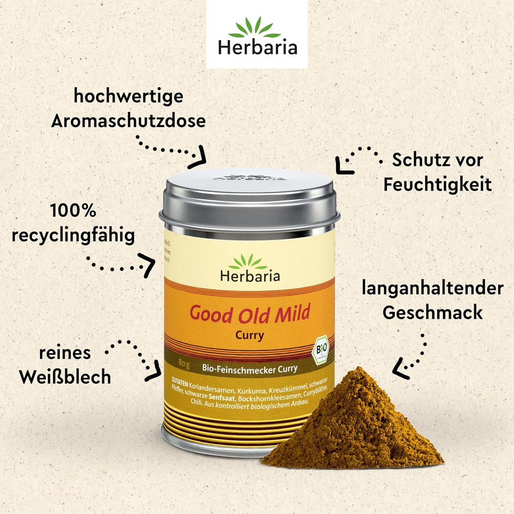 Herbaria Good Old Mild Curry bio 80g M-Dose – Currypulver, Currymischung - Bio-Gewürzmischung für klassische Curry-Spezialitäten z.B. Currywurst - ingrediente erlesenen in nachhaltiger Aromaschutz-Dose