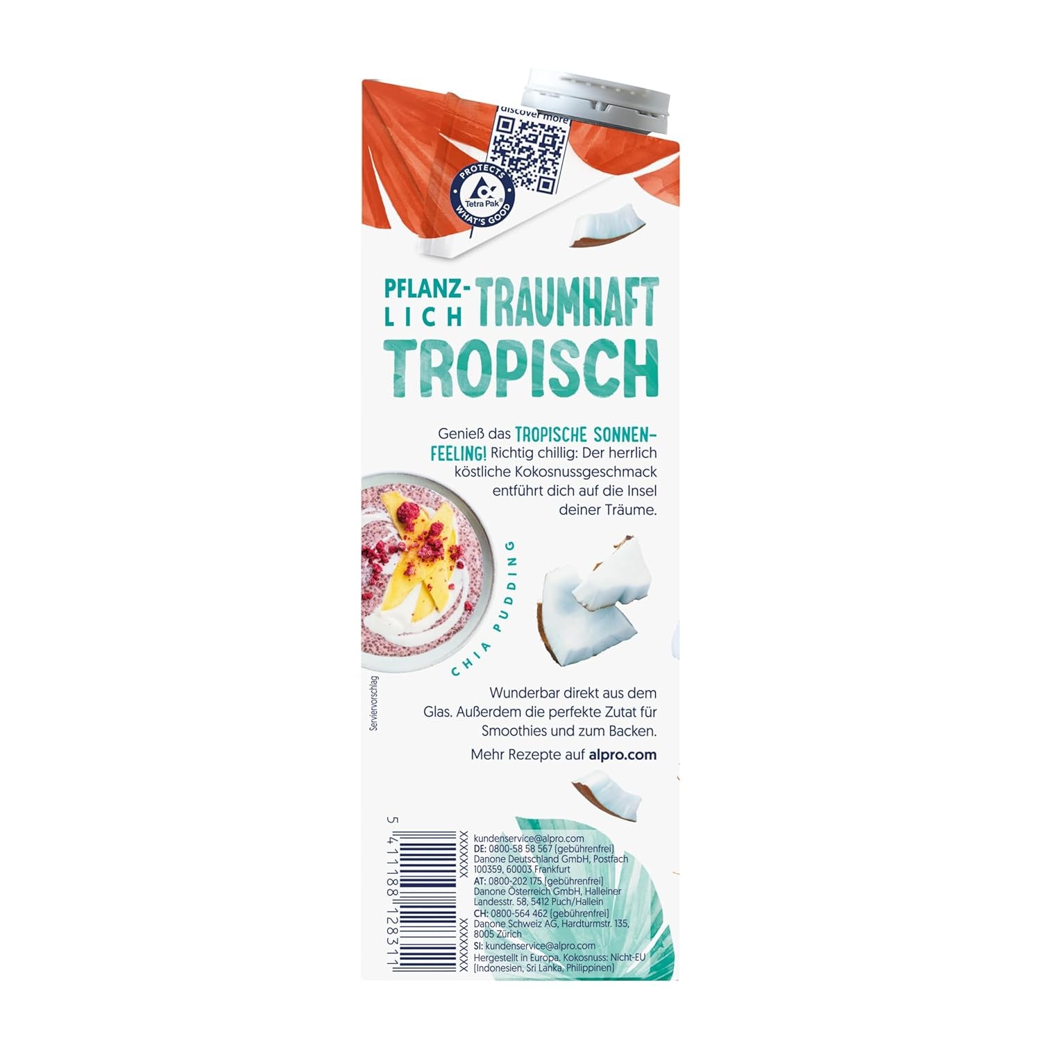 Alpro Kokosnussdrink ohne Zucker – Ohne Süßstoffe – Vegan und milchfrei – Von Natur aus lactosefrei und fettarm – Rich an Calcium und Vitaminen – 8 x 1 L