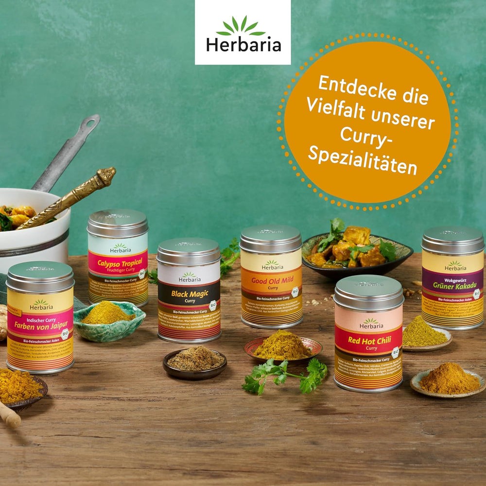 Herbaria Good Old Mild Curry bio 80g M-Dose – Currypulver, Currymischung - Bio-Gewürzmischung für klassische Curry-Spezialitäten z.B. Currywurst - ingrediente erlesenen in nachhaltiger Aromaschutz-Dose
