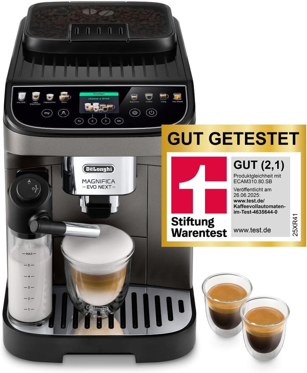 De'Longhi Magnifica Evo Next - Perfetto Espressor complet automat cu spumator de lapte LatteCrema, 13 băuturi cu o singură atingere, aparat de cafea și cappuccino, ecran tactil color, titan (ECAM312.80.TB)