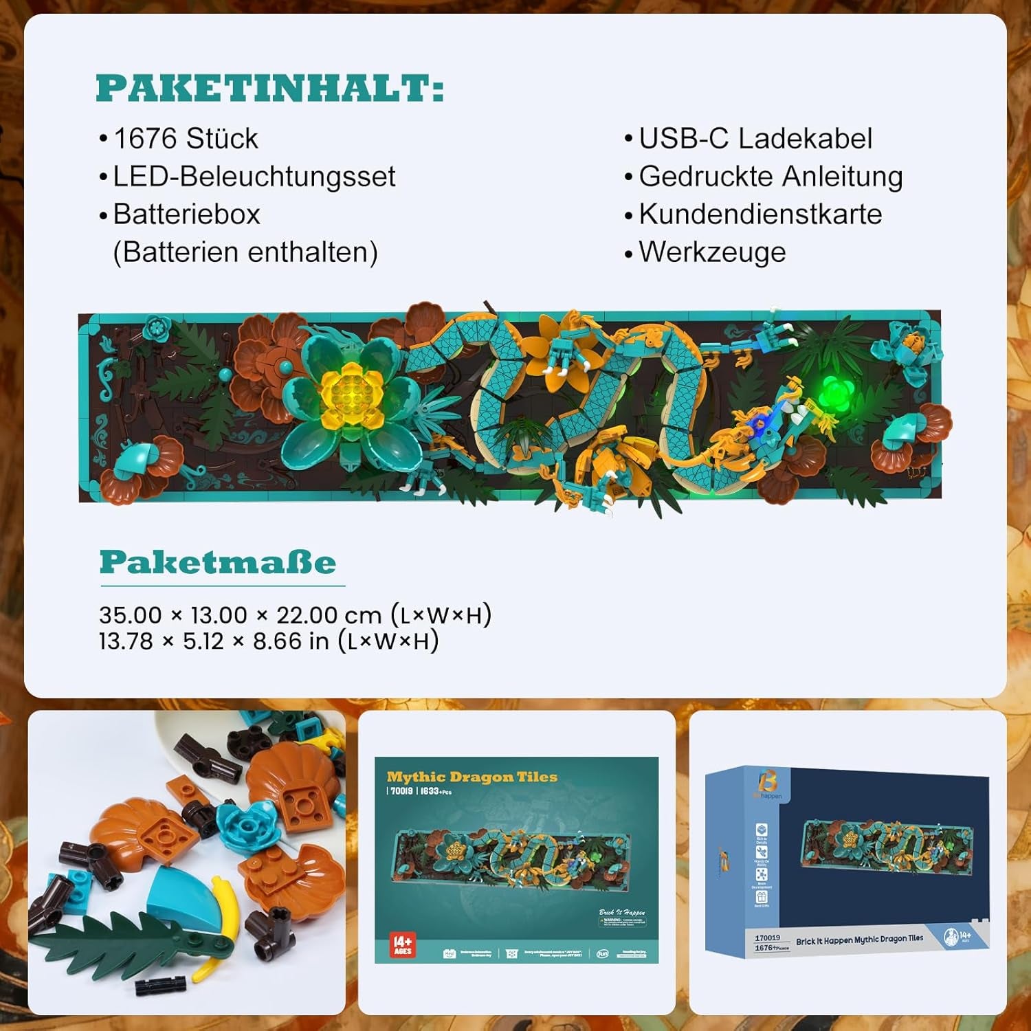 Kit de construcție cu plăci de dragon mitic pentru adulți, jucărie de construcție artistică 3D Divine Loong cu lumini LED și flori, kit de model DIY cu relief de dragon, cadouri creative și decorațiuni (1676 piese)