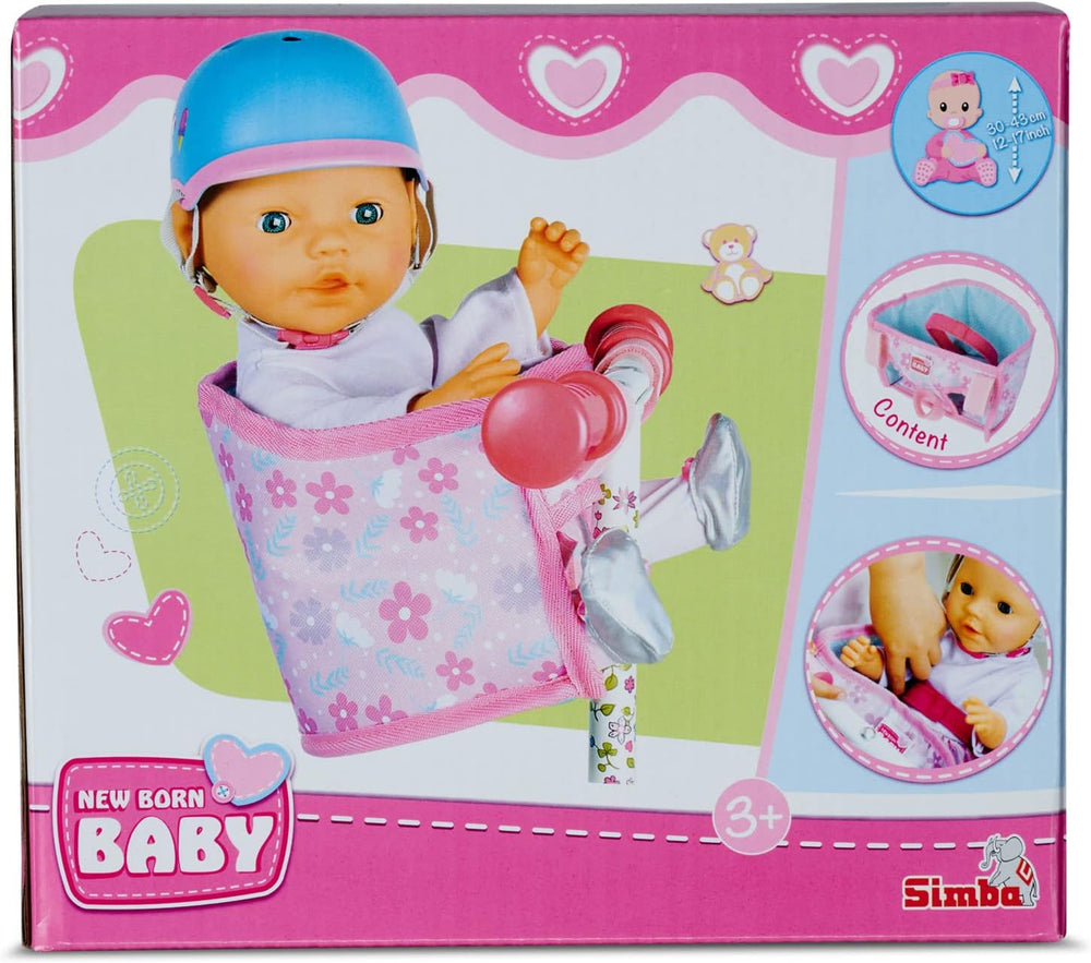 Simba 105560018 - Scaun de bicicletă pentru nou-născuți cu centură, accesoriu pentru păpușă, scaun din material textil, centură de siguranță, ghidon cu velcro, pentru păpuși de 30-43 cm, vârste 3+