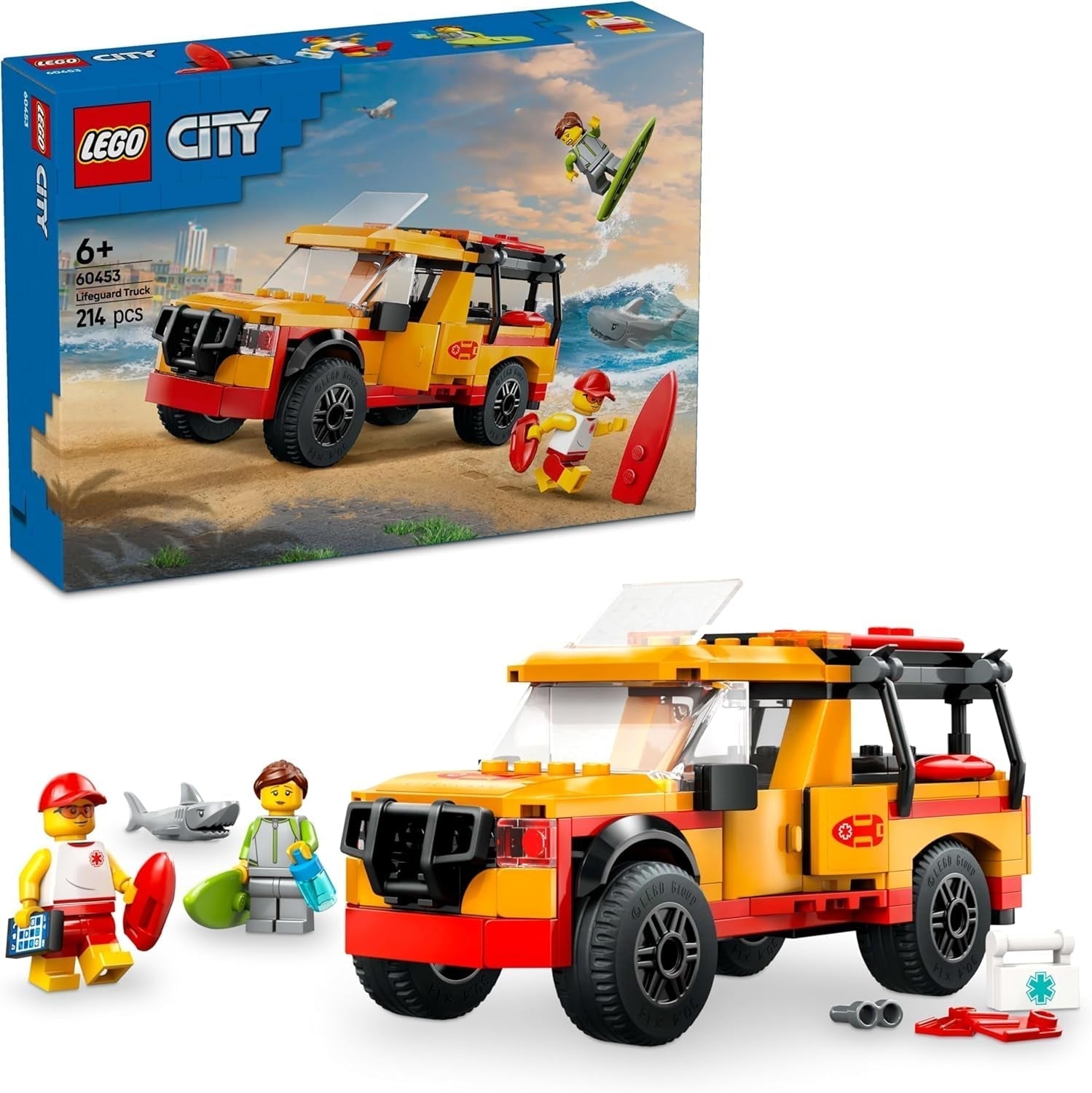 LEGO City Lifeguard Emergency Vehicle - Vehicul de teren cu 2 minifigurine și rechin - Set de construcție pentru fete și băieți cu vârsta peste 6 ani - Idee de cadou pentru surferi și fani ai sporturilor nautice 60453 Seturi de constructie Besuche den LEGO-Store Titlu implicit