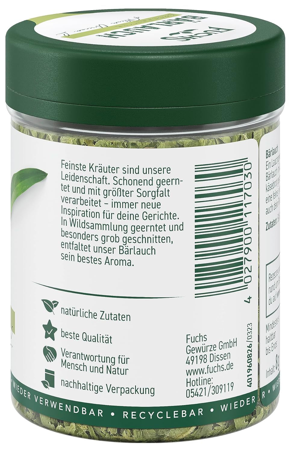 Fuchs Gewürze - Bärlauch geschnitten - würzige Schärfe für Quark-Dips, Frischkäse oder Risotto - natürliche Zutaten - 8 g in wiederverwendbarer, recyclebarer Dose