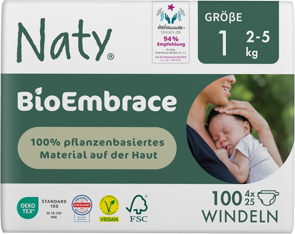 Pannolini per bambini Naty BioEmbrace, taglia 5 (11–25 kg) | Materiali 100% vegetali, delicati sulla pelle | Morbidezza traspirante, dermatologicamente testato, ottimo assorbimento | 80 pezzi.