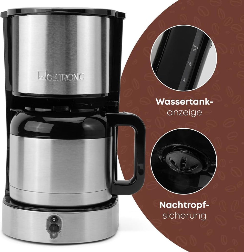 Cafetieră Clatronic® cu carafă termos pentru 8–10 cești de cafea (aprox. 1,2 l) | Cafetieră cu filtru din oțel inoxidabil | Carafă termos cu pereți dubli | Fără pierderi de temperatură | Cafetieră de 800 W | KA 3805