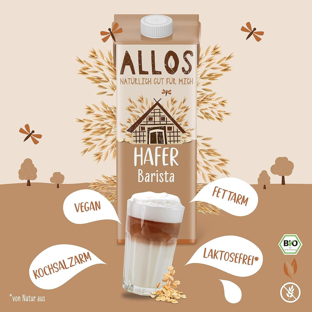 Allos Bio Haferdrink Barista | Milchalternative aus Hafer | Schaumbarer Drink auf Pflanzenbasis | Perfetto per il caffè Bevanda vegana, senza lattosio | 1 litro (6 pezzi)