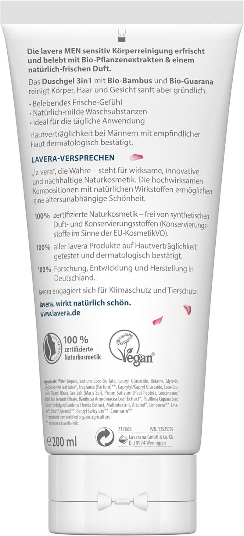 Lavera, Gel doccia con bambù biologico e guaranà, 3 in 1, per pelle, capelli e viso, 200 ml Doccia e bagno Naty Shop