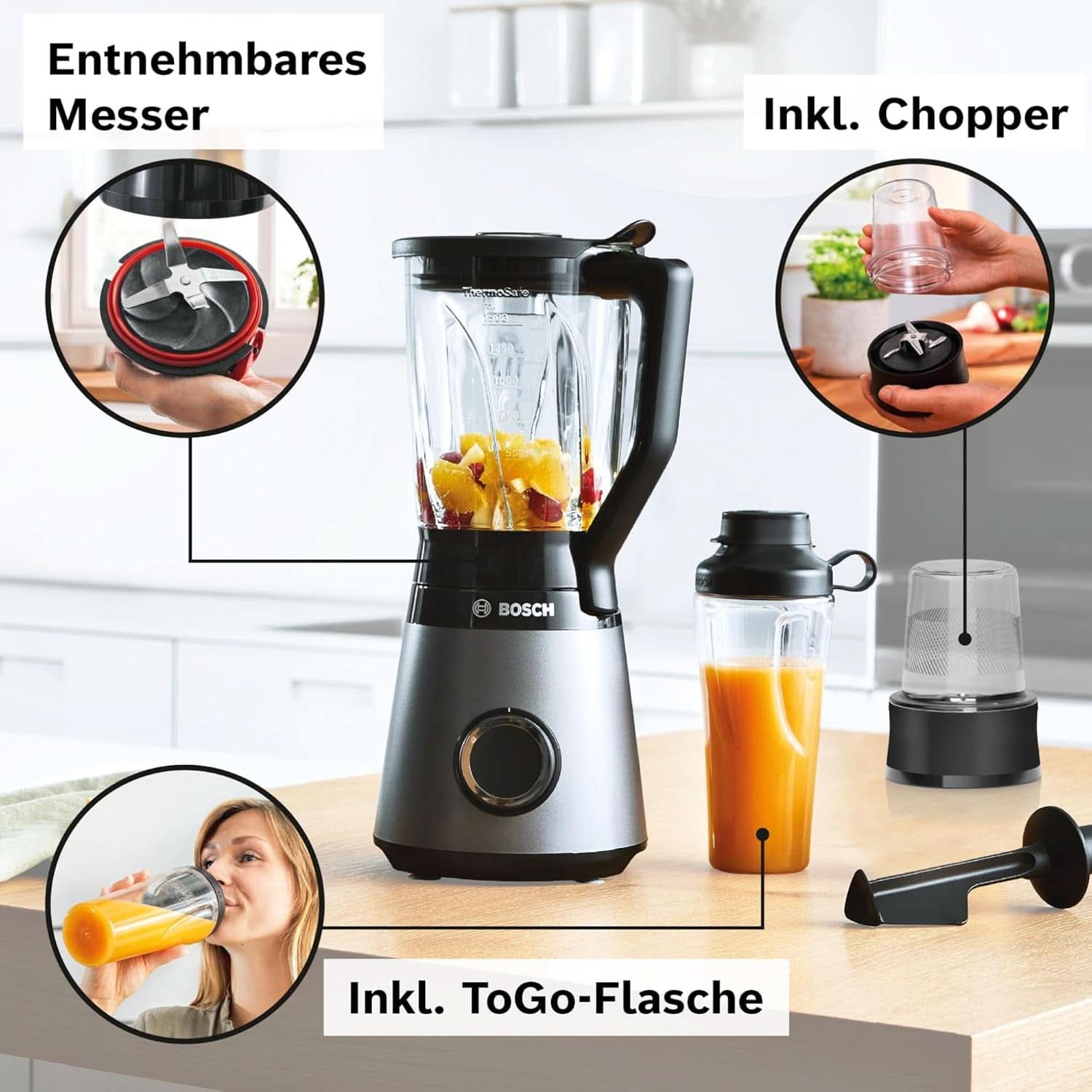 Robot da cucina Bosch Vitapower Serie 4 MMB6177S, Edelstahl-Klingen Made in Germany, bicchiere in vetro Thermosafe da 1,5 l, fiaschetta To-Go da 0,6 l, stopfer, zerkleinerer universale, 30.000 giri/min, 1200 W, Argento Kitchen Naty Shop